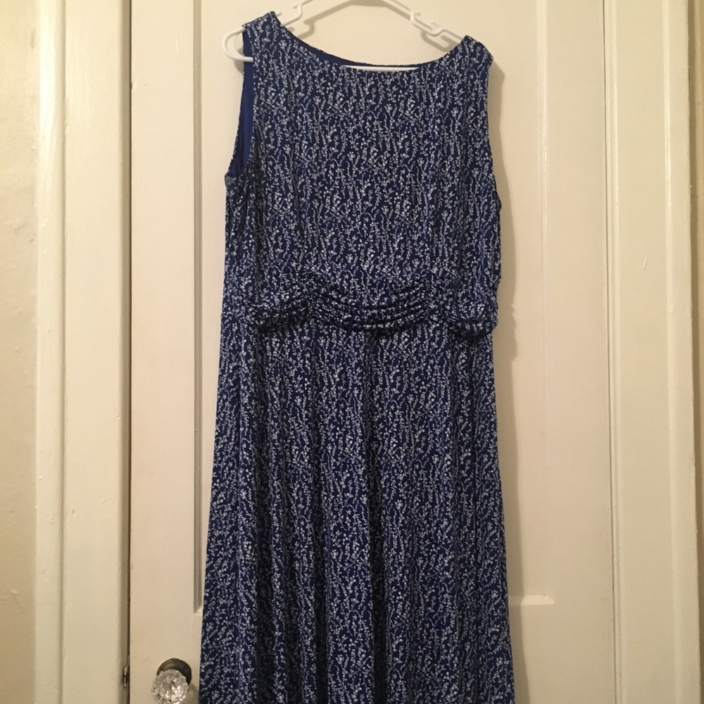 Blue and white floral mid calf length dress